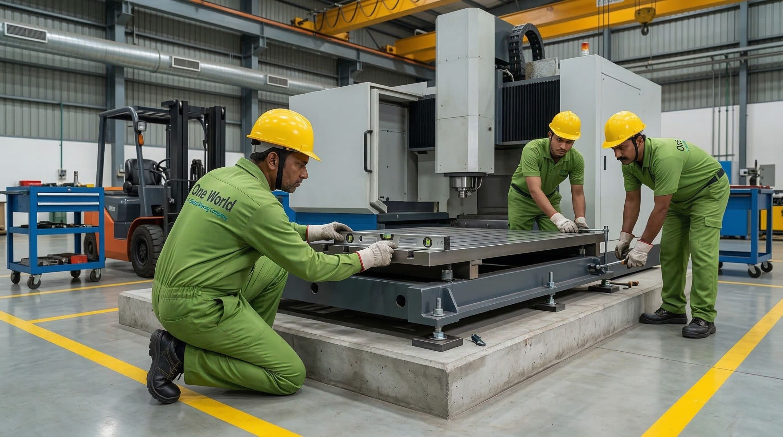 The Ultimate Industrial Machinery Installation Checklist (Step-by-Step Guide) Workers leveling machinery in factory