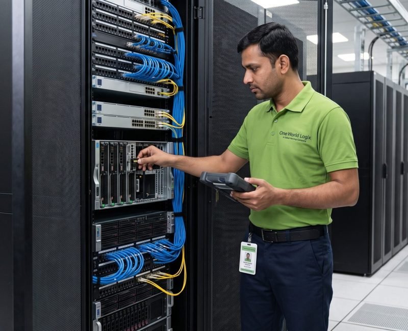 Smart hands technician checking cabling and status lights in a rack